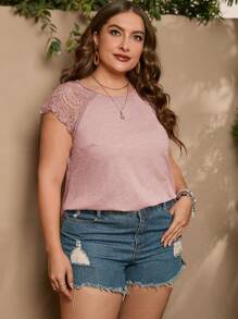 SHEIN LUNE Plus Contrast Lace Raglan Sleeve Tee - Dusty Pink - View 3