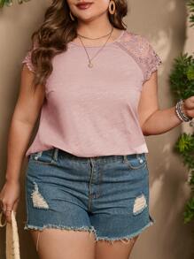 SHEIN LUNE Plus Contrast Lace Raglan Sleeve Tee - Dusty Pink - View 4