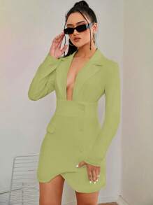 SHEIN Privé Đầm Bất đối xứng Trọn gói Nút phía trước màu trơn Gợi cảm - Màu xanh chanh - Xem 5