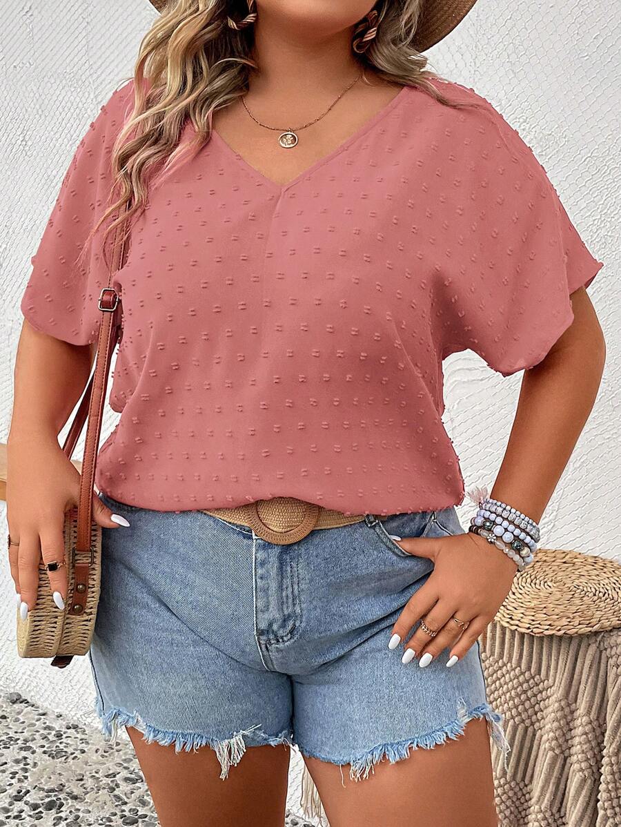 SHEIN LUNE Áo sơ mi Plus Size màu trơn Giải trí - Bụi hồng - Xem 1