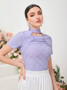 Mulvari 小高領前鏤空網眼刺繡T恤 - 紫色 - 查看 1