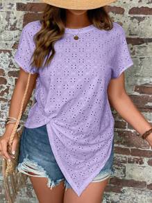 SHEIN LUNE Áo thun Plus size Bất đối xứng xoắn lại Tranh thêu màu trơn Giải trí - Màu Lilac Tím - Xem 1
