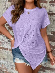 SHEIN LUNE Áo thun Plus size Bất đối xứng xoắn lại Tranh thêu màu trơn Giải trí - Màu Lilac Tím - Xem 3