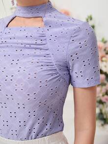 Mulvari 小高領前鏤空網眼刺繡T恤 - 紫色 - 查看 6