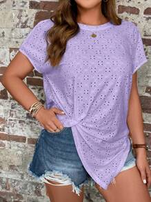 SHEIN LUNE Áo thun Plus size Bất đối xứng xoắn lại Tranh thêu màu trơn Giải trí - Màu Lilac Tím - Xem 4