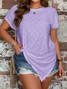 SHEIN LUNE Áo thun Plus size Bất đối xứng xoắn lại Tranh thêu màu trơn Giải trí - Màu Lilac Tím - Xem 5