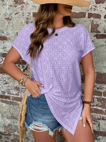 SHEIN LUNE Áo thun Plus size Bất đối xứng xoắn lại Tranh thêu màu trơn Giải trí - Màu Lilac Tím - Xem 6