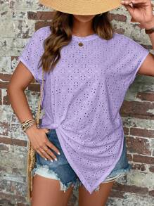 SHEIN LUNE Áo thun Plus size Bất đối xứng xoắn lại Tranh thêu màu trơn Giải trí - Màu Lilac Tím - Xem 7