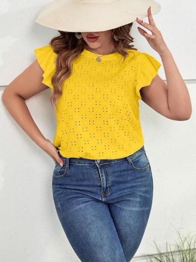 SHEIN LUNE Camiseta con bordado con ojal de manga mariposa