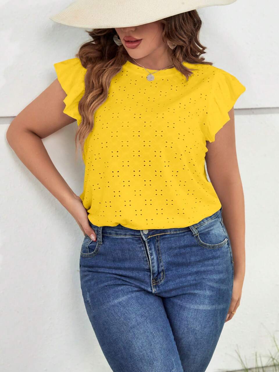 Plus Eyelet Embroidery Butterfly Sleeve Tee