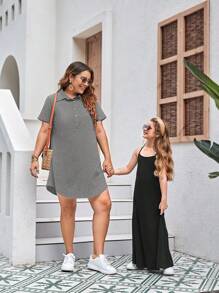 SHEIN LUNE Đầm Plus Size Nút phía trước màu trơn Giải trí - Màu xám đen - Xem 5