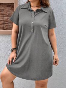 SHEIN LUNE Đầm Plus Size Nút phía trước màu trơn Giải trí - Màu xám đen - Xem 8