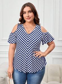 SHEIN LUNE Áo thun Plus size Sọc Giải trí - Xanh và trắng - Xem 1