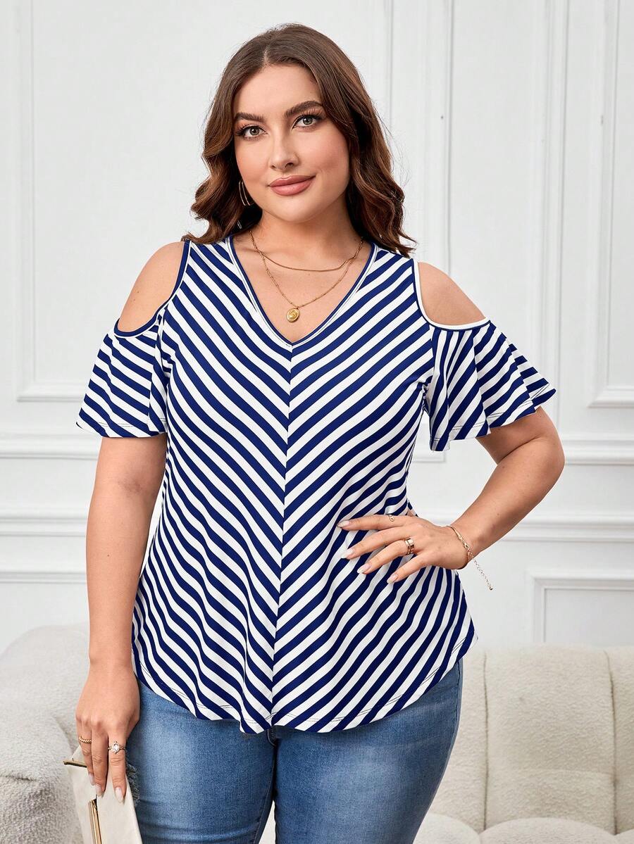 SHEIN LUNE Áo thun Plus size Sọc Giải trí - Xanh và trắng - Xem 1