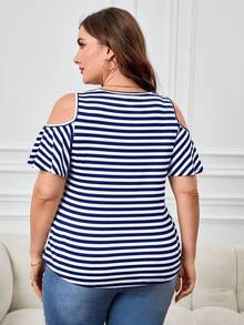 SHEIN LUNE Áo thun Plus size Sọc Giải trí - Xanh và trắng - Xem 2
