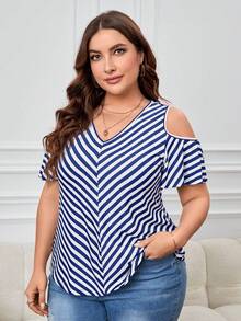 SHEIN LUNE Áo thun Plus size Sọc Giải trí - Xanh và trắng - Xem 4
