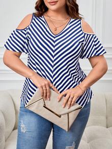 SHEIN LUNE Áo thun Plus size Sọc Giải trí - Xanh và trắng - Xem 5