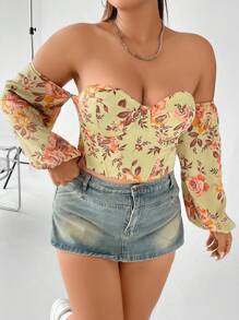 Celure Plus Floral Print Off Shoulder Lantern Sleeve Bustier Top - Yellow - View 1
