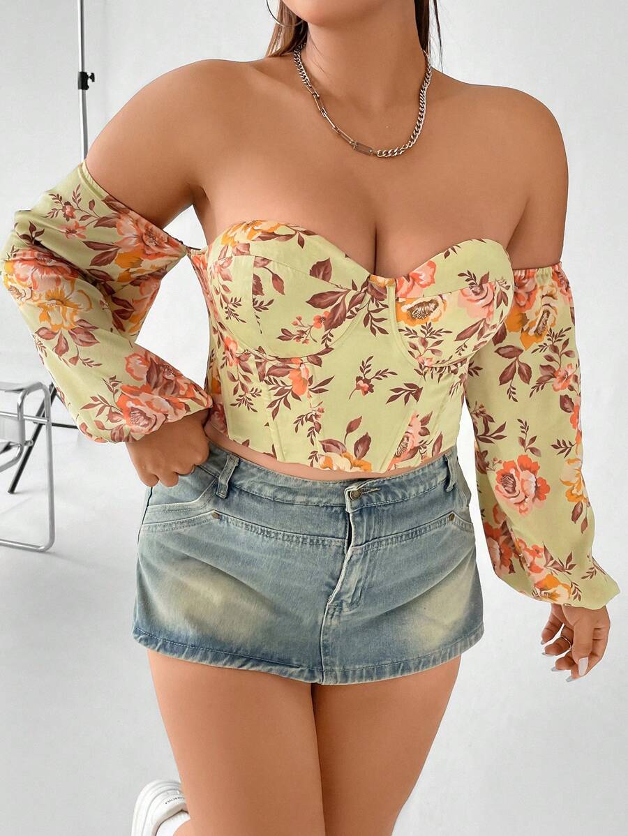 Celure Plus Floral Print Off Shoulder Lantern Sleeve Bustier Top - Yellow - View 1
