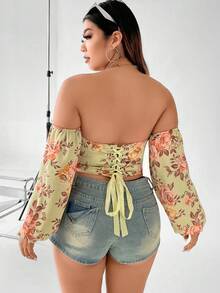 Celure Plus Floral Print Off Shoulder Lantern Sleeve Bustier Top - Yellow - View 2