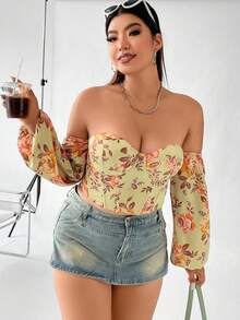 Celure Plus Floral Print Off Shoulder Lantern Sleeve Bustier Top - Yellow - View 3