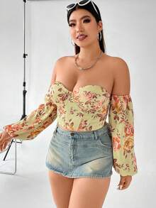 Celure Plus Floral Print Off Shoulder Lantern Sleeve Bustier Top - Yellow - View 4