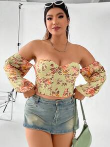 Celure Plus Floral Print Off Shoulder Lantern Sleeve Bustier Top - Yellow - View 5