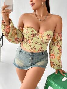Celure Plus Floral Print Off Shoulder Lantern Sleeve Bustier Top - Yellow - View 7