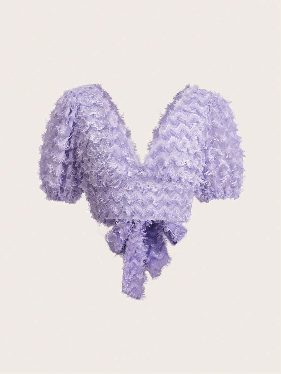 SHEIN MOD Solid Fuzzy Crop Blouse - Purple - View 1