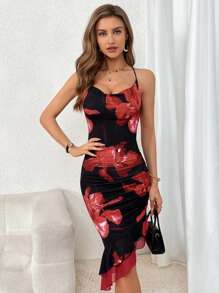 SHEIN Privé Floral Print Ruched Ruffle Hem Cami Dress - Multicolor - View 1