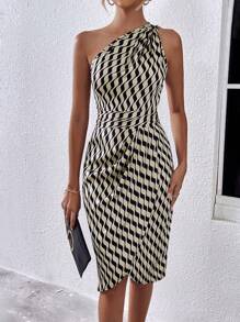 Chiquease Allover Print One Shoulder Ruched Side Wrap Hem Dress Maxi Women Outfit