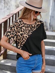 SHEIN LUNE Áo thun nữ Cắt ra Khối Màu In hoa Báo Giải trí - Nhiều màu - Xem 6