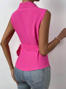 Chiquease 素色圍裹側打結無袖襯衫 - 玫紅色 - 查看 2