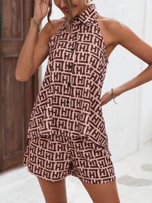 SHEIN LUNE 滿版印花前紐扣襯衫和短褲 - 咖啡棕 - 查看 6