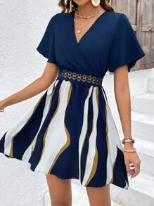 SHEIN Frenchy Colourblock Guipure Lace Insert Butterfly Sleeve Dress - Navy Blue - View 1