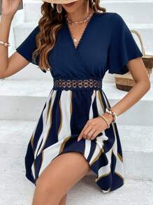 SHEIN Frenchy Colourblock Guipure Lace Insert Butterfly Sleeve Dress - Navy Blue - View 4