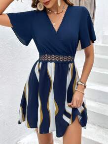 SHEIN Frenchy Colourblock Guipure Lace Insert Butterfly Sleeve Dress - Navy Blue - View 6