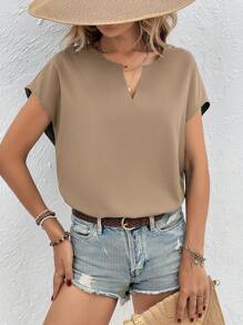 SHEIN Frenchy 缺口領蝙蝠袖襯衫 - 駝色 - 查看 4