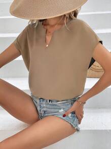 SHEIN Frenchy 缺口領蝙蝠袖襯衫 - 駝色 - 查看 6