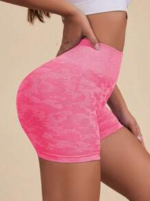Yoga Trendy 迷彩印花寬腰帶運動短褲 - 西瓜粉 - 查看 2