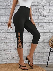 SHEIN LUNE 側邊十字交叉七分緊身打底褲 - 黑色 - 查看 3