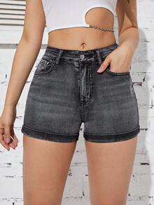 SHEIN LUNE Slant Pocket Denim Shorts - Black - View 4