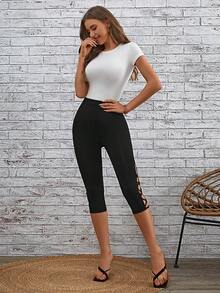 SHEIN LUNE 側邊十字交叉七分緊身打底褲 - 黑色 - 查看 5