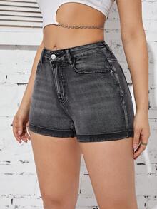 SHEIN LUNE Slant Pocket Denim Shorts - Black - View 5