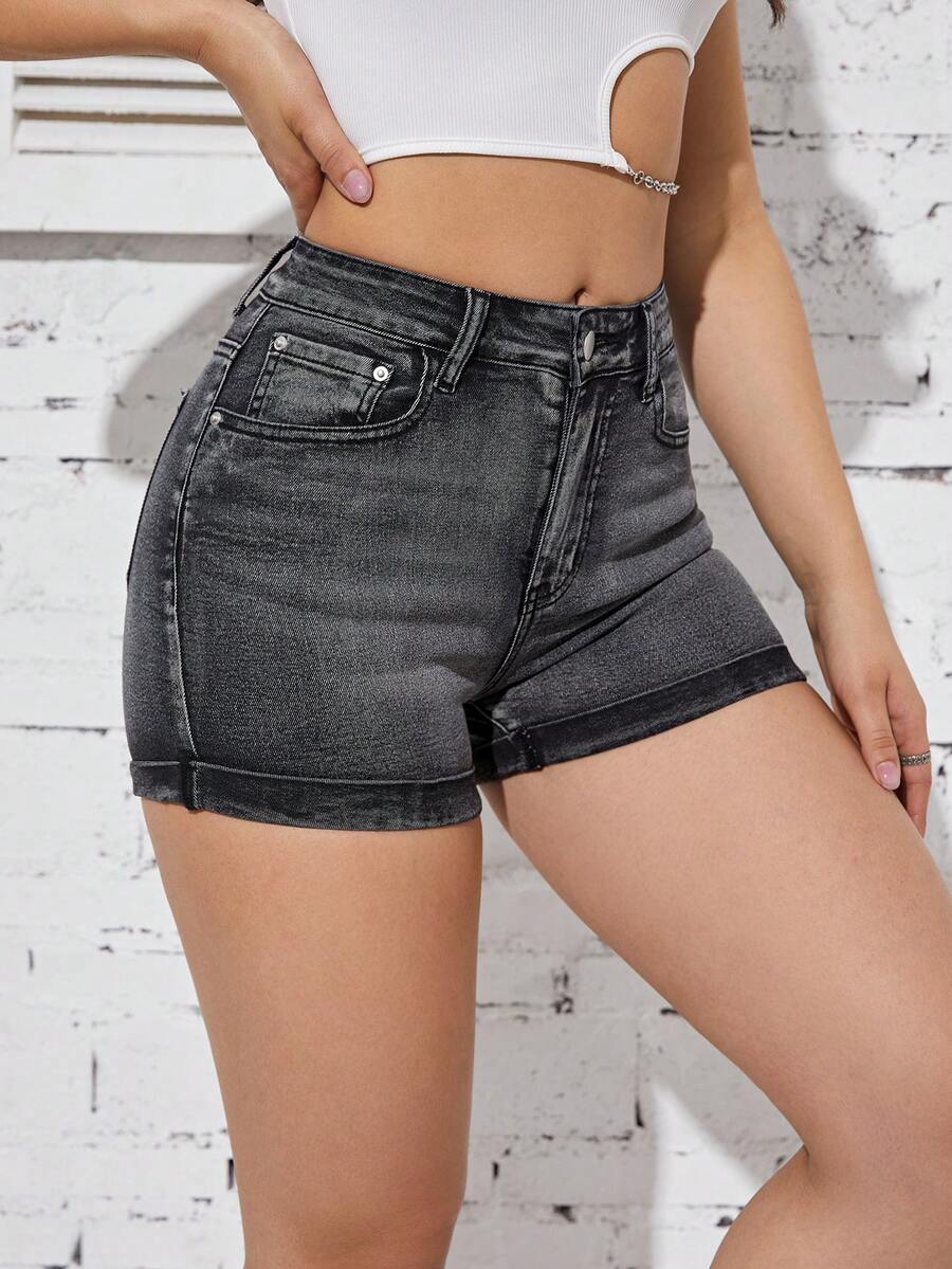 SHEIN LUNE Slant Pocket Denim Shorts - Black - View 1