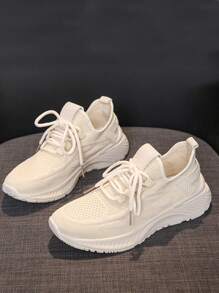 女士極簡前繫帶跑步運動戶外織物運動鞋 - 米色 - 查看 2