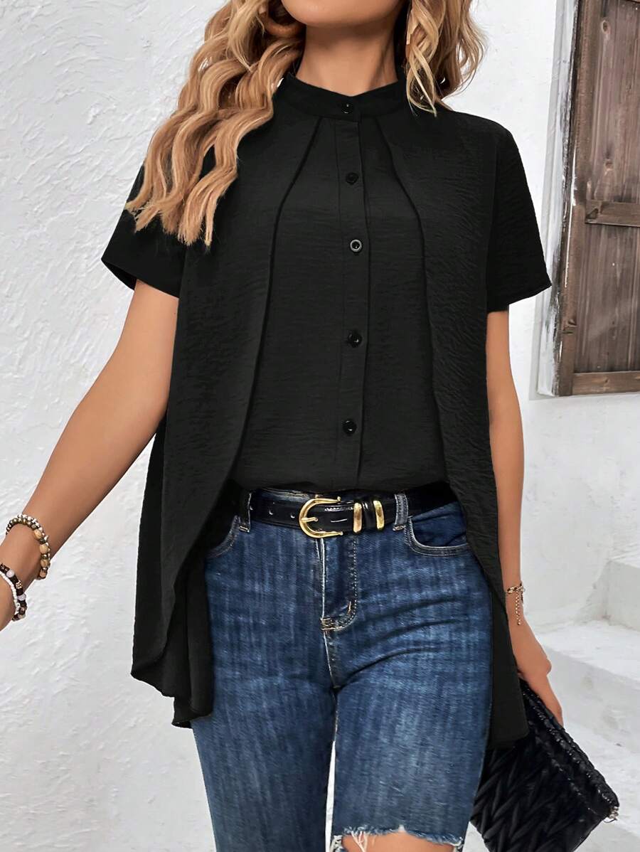 SHEIN Frenchy 素色前紐扣襯衫 - 黑色 - 查看 1