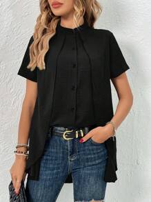 SHEIN Frenchy 素色前紐扣襯衫 - 黑色 - 查看 4