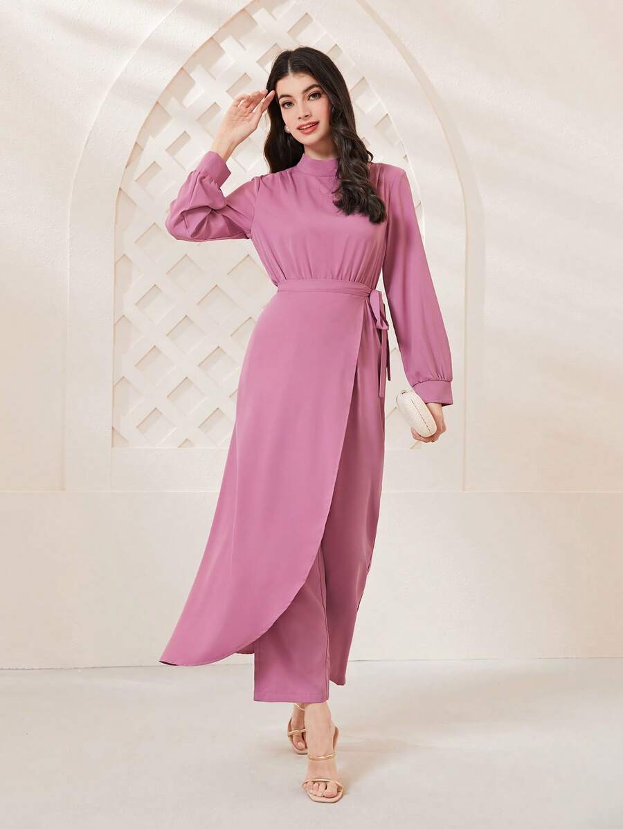 Modelyn 小高領燈籠袖連身褲和圍裹側打結圍裙 - 粉色 - 查看 1