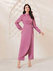 Modelyn 小高領燈籠袖連身褲和圍裹側打結圍裙 - 粉色 - 查看 3